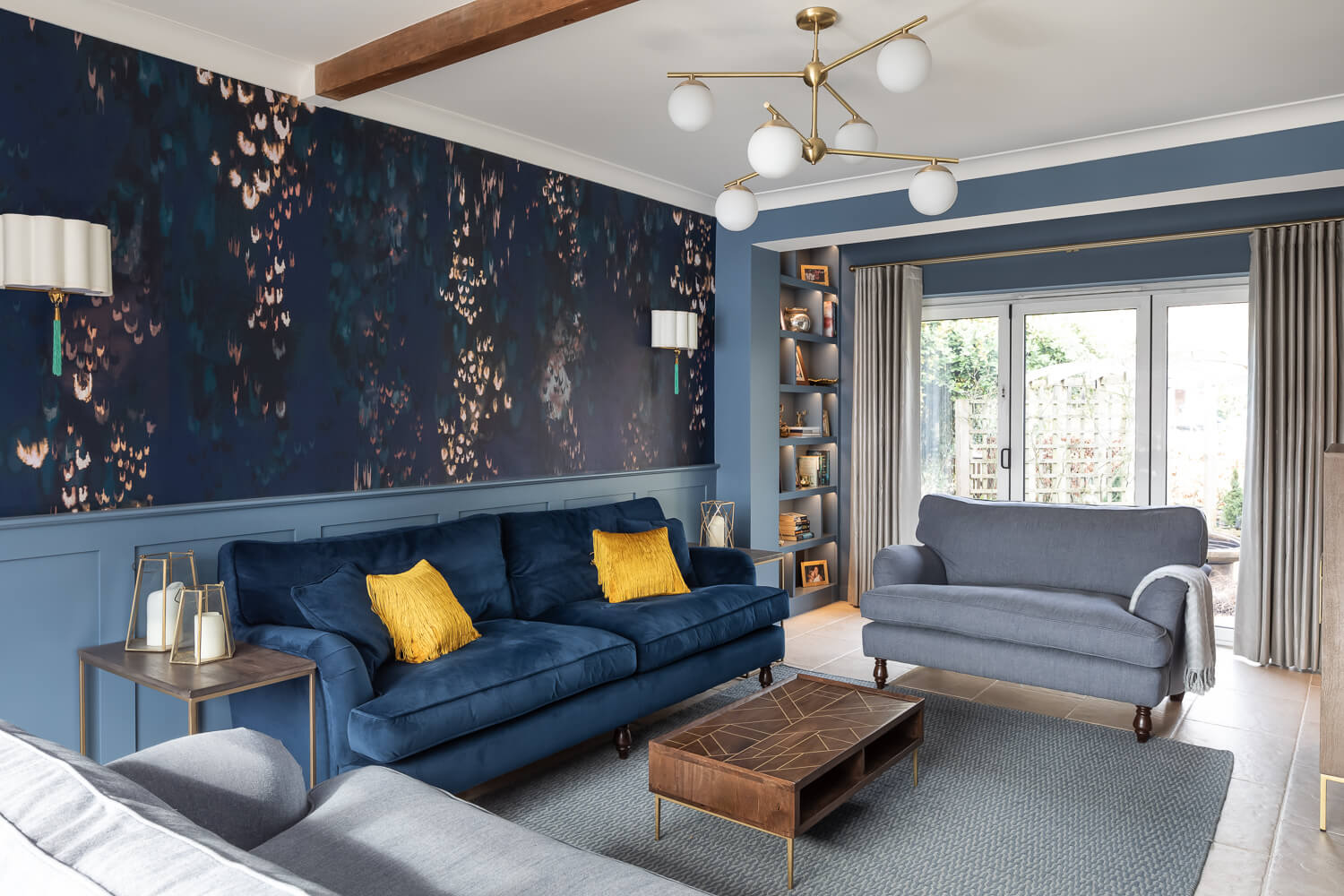 blue themed mid century modern livinroom