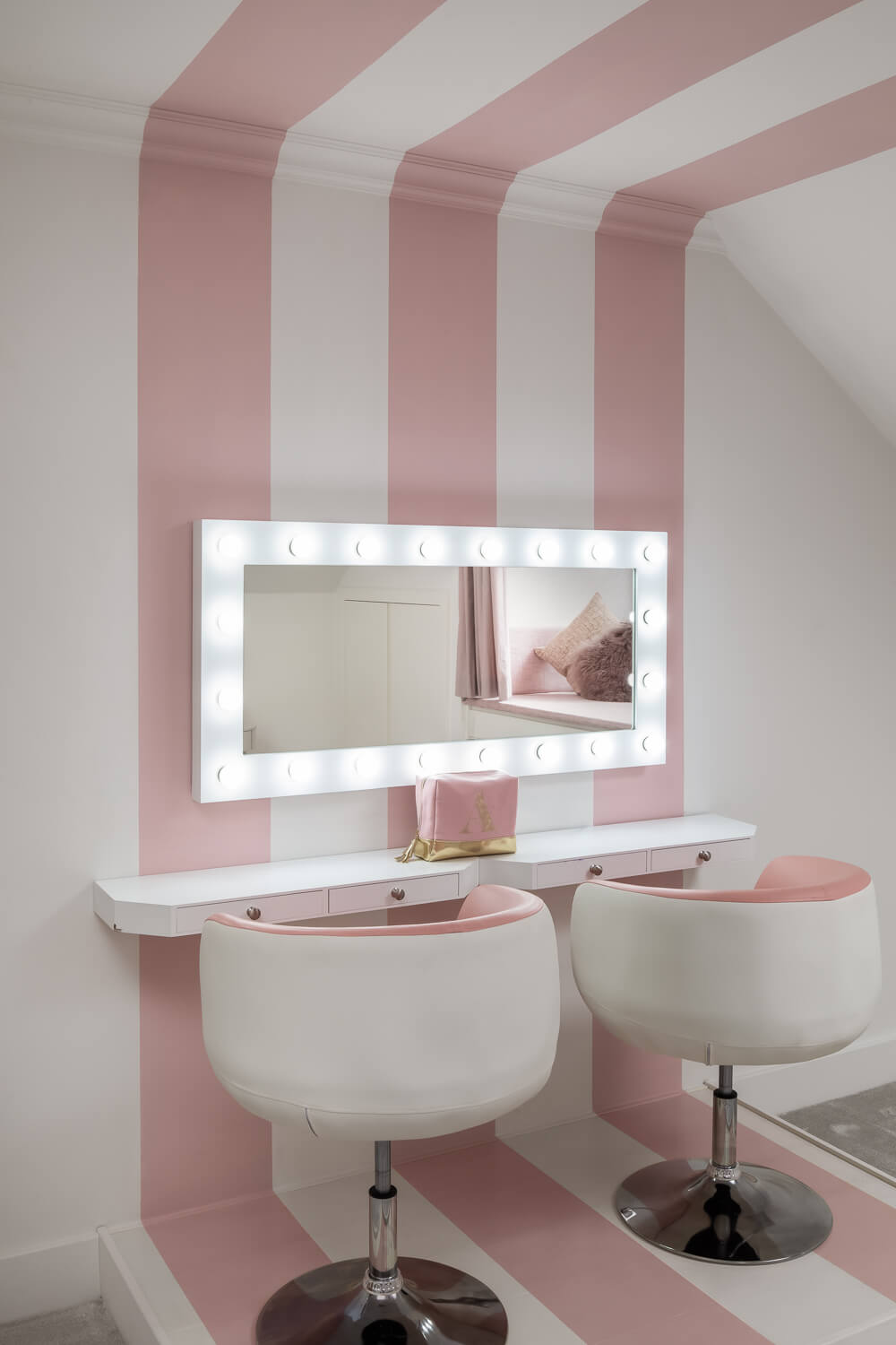 girls bedroom pink striped dressing table area